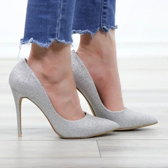 Pointed Silver Glitter Shimmery Dressy Party High Heels - Picture 3 of 15
